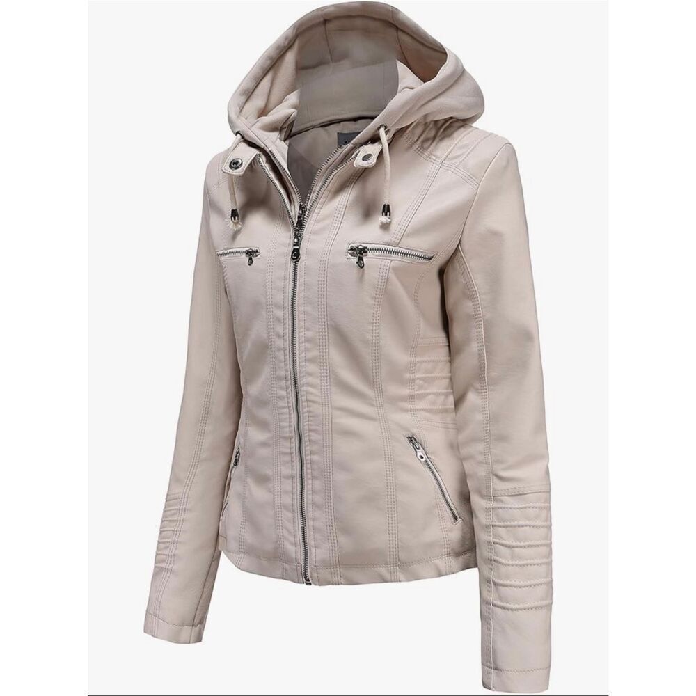Tagoo Faux Leather Jacket Women Motorcycle Coat for Biker with Removable Hood XL